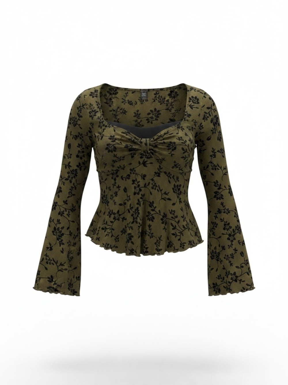 SHEIN Curve 4XL Olive Flocked Floral Bell Sleeve Top w/ Scarf